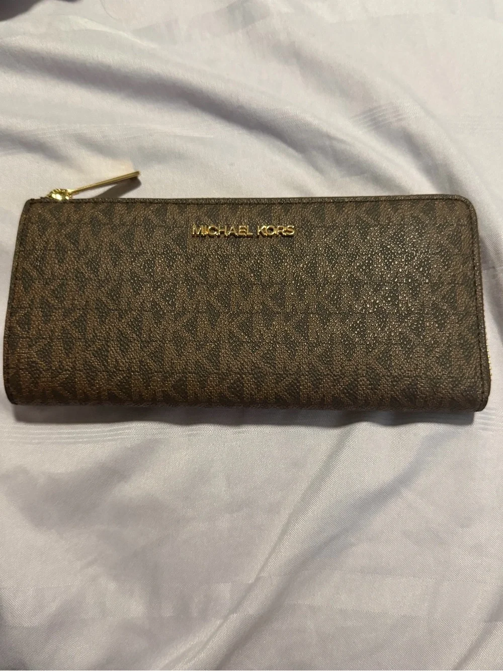 Michael Kors Brown Monogram Zip Wallet with Gold Logo